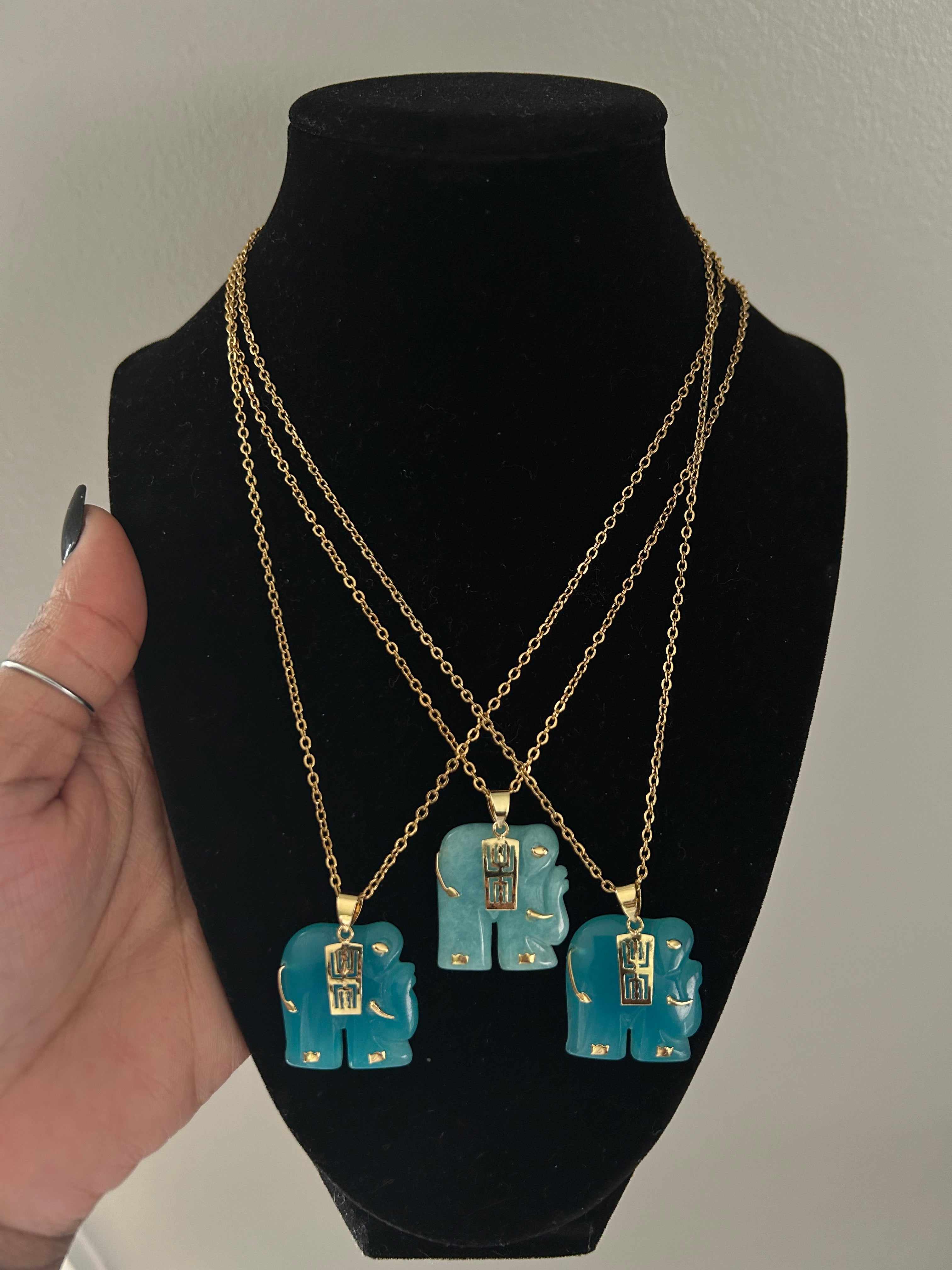 Blue Jade 18K Gold plated Elephant Necklace